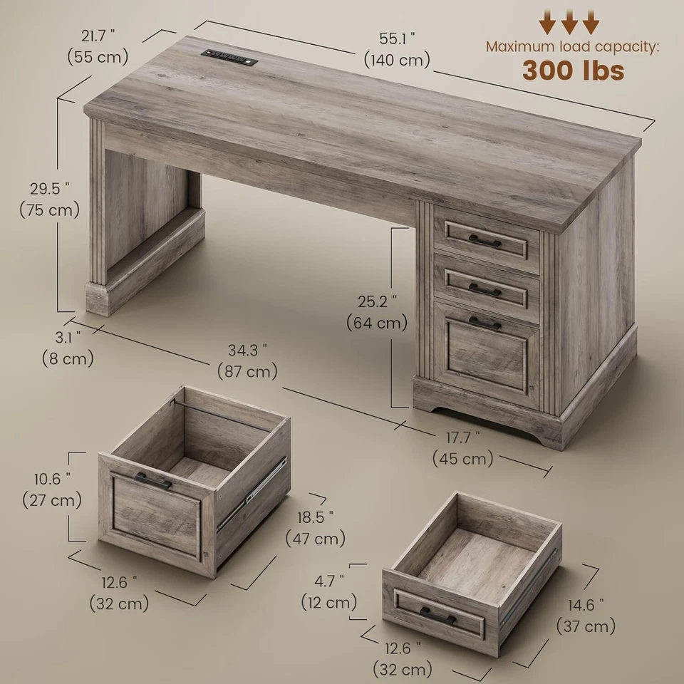 Escritorio Ejecutivo 55", Escritorio de Computadora de Granja con Cajones de Almacenamiento para Oficina en Casa Foto 2 de 4