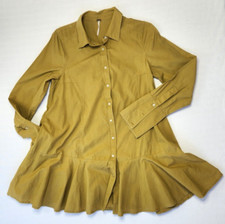 Free People Shirt Dress Long Sleeve Ruffle hem Green Cotton Button Up Short XS