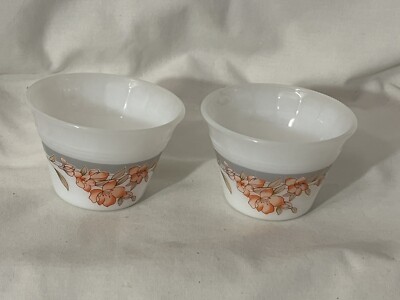 2 Indopal Indonesian White Milk Glass Custard Cup Pink Floral EXC