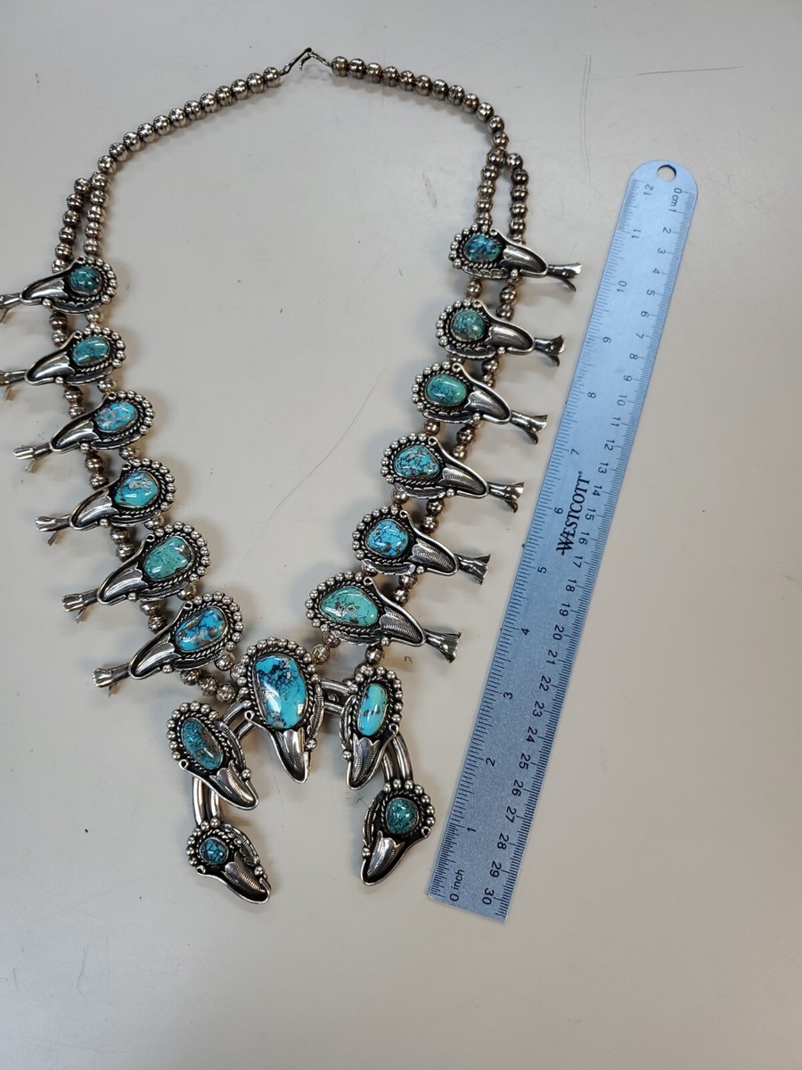 アクセサリー Vintage B.J. NAVAJO Jewelry Necklace 925 Navajo STERLING SILVER SQUASH BLOSSOM TURQUOISE NECKLACE