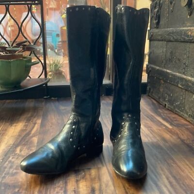 Born Larsen under knee Leather Gunmetal Studded low heeled Boots Size 7M