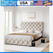 QUEEN/FULL Bed Frame with 4 Storage Drawers and Headboard Upholstered Platform