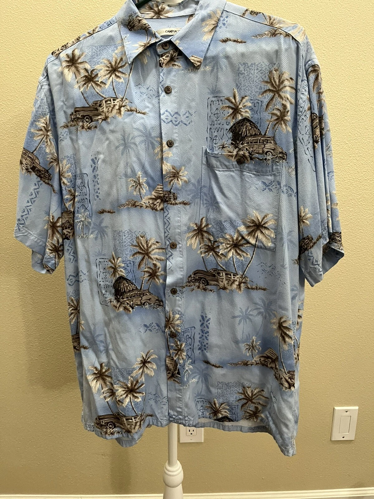 CAMPIA MODA Hawaiian Shirt Medium Short Sleeve Blue Palm Trees Wagon 100% Rayon