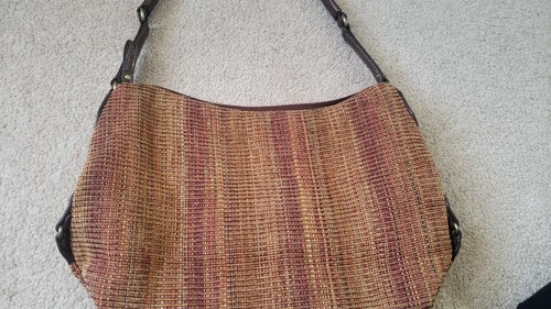 Purse by Ralph Lauren. Brown,tan, orange and red woven with brown leather trim. - Picture 2 of 6