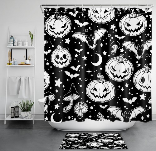 Halloween Horror Pumpkin Black and White Shower Curtain Set for Bathroom Decor - 第 12/17 張圖片
