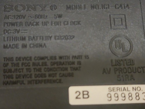 Sony Dream Machine Reloj Radio FM/AM Doble Alarma Juego de Tiempo Automático ICF-C414 - Imagen 3 de 3