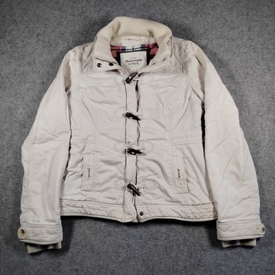 Y2K Abercrombie & Fitch Women Toggle Puffer Jacket Cream Plaid Lined Large