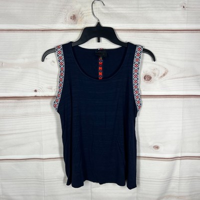 W5 Top Womens Small Blue Embroidered Trim Tank Scoop Neck Knit Solid Pullover