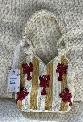 New Release Handcrafted in India Gold Striped Lobster Bucket Beaded Bag NWT