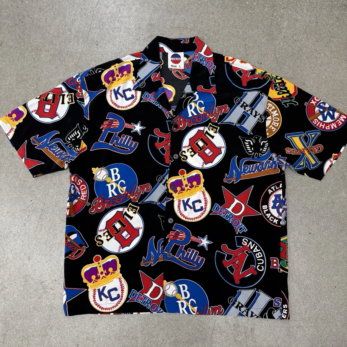 Camisa hawaiana vintage J Head Liga Negra de béisbol estampada con botones L