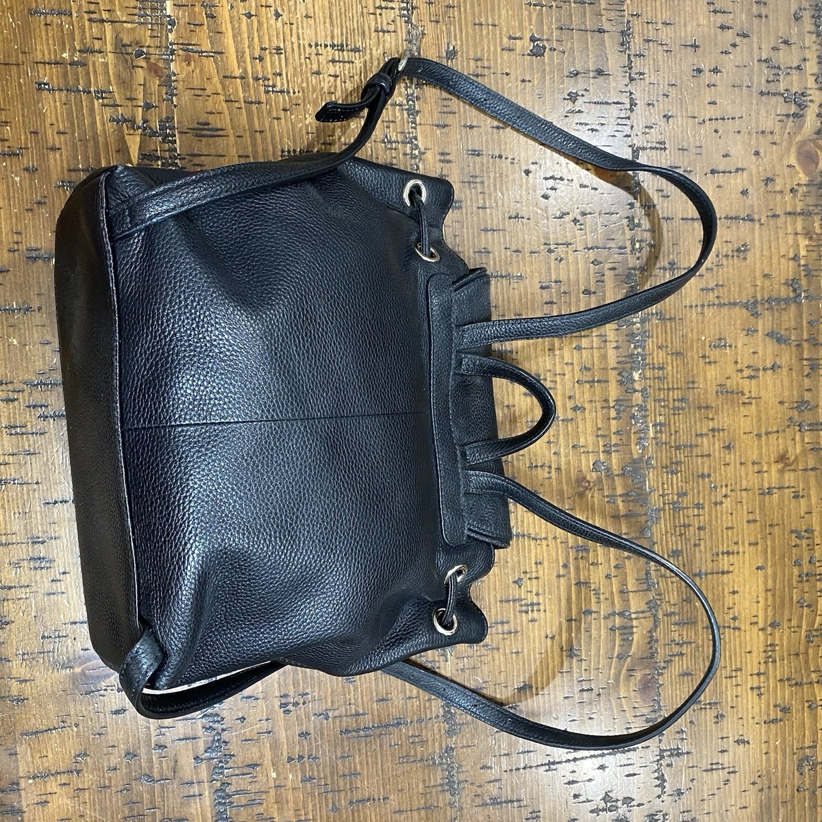 Kate Spade Black Pebbled Leather Drawstring Backpack Bag 