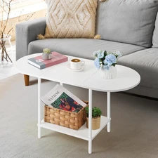 White Coffee Table for Living Room, Small Oval Coffee Table with Storage and Woo