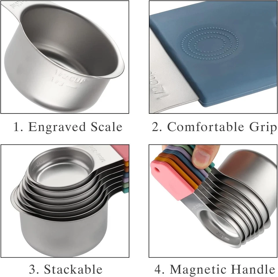 Juego de tazas y cucharas medidoras magnéticas que incluye 7 de acero inoxidable de alta resistencia... Foto 4 de 4