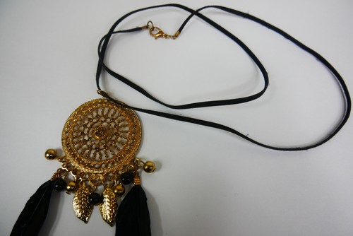 Boho Bohemian Sweater Necklace Gold Tone With Black Feather Accents Black Rope - Picture 2 of 4