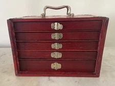 Antique Mahjong 5 Drawer Wood Box Set Bamboo Cow Bone 148 Tiles