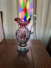 Fenton Art Glass 1995 Rubena Verde hand painted Pitcher