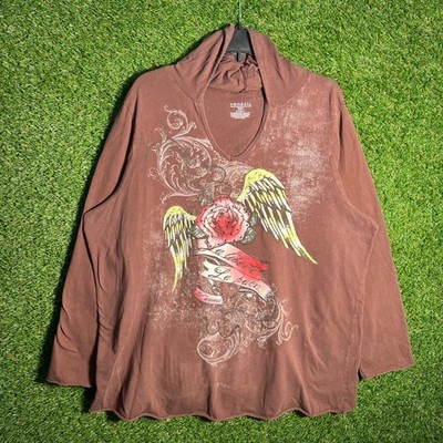 Venezia Brown Winged Rose Graphic Hooded Long Sleeve T-Shirt Size 22/24 Y2K