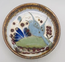 Ken Edwards Tonala Trinket Dish Hand Painted Mexican Art Pottery Blue Bird VTG