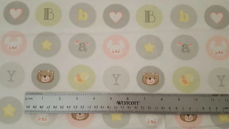 Sweet Dreams BTY Red Rooster Fabric Circles Pink Green Gray Yellow Off-White - Image 2 of 3