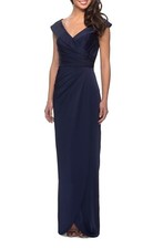 La Femme 25206 Surplice Off the Shoulder Column Gown SZ 16 Navy NEW