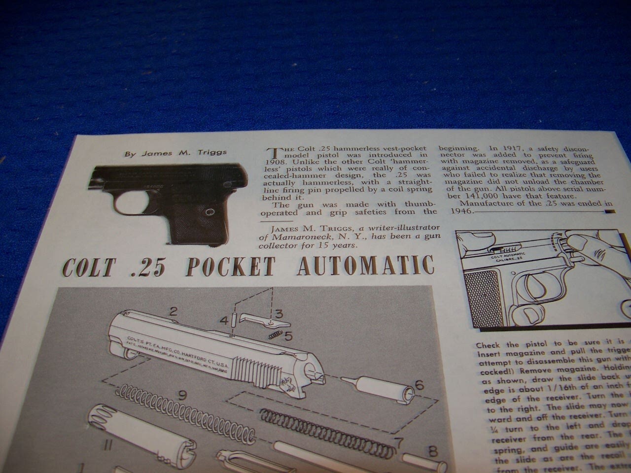 COLT .25 POCKET AUTOMATIC PISTOL...TAKEDOWN/EXPLODED VIEW/PARTS LEGEND