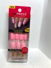 Impress Gel Manicure Press on Nails Short Oval Pink Wavy Glitter 