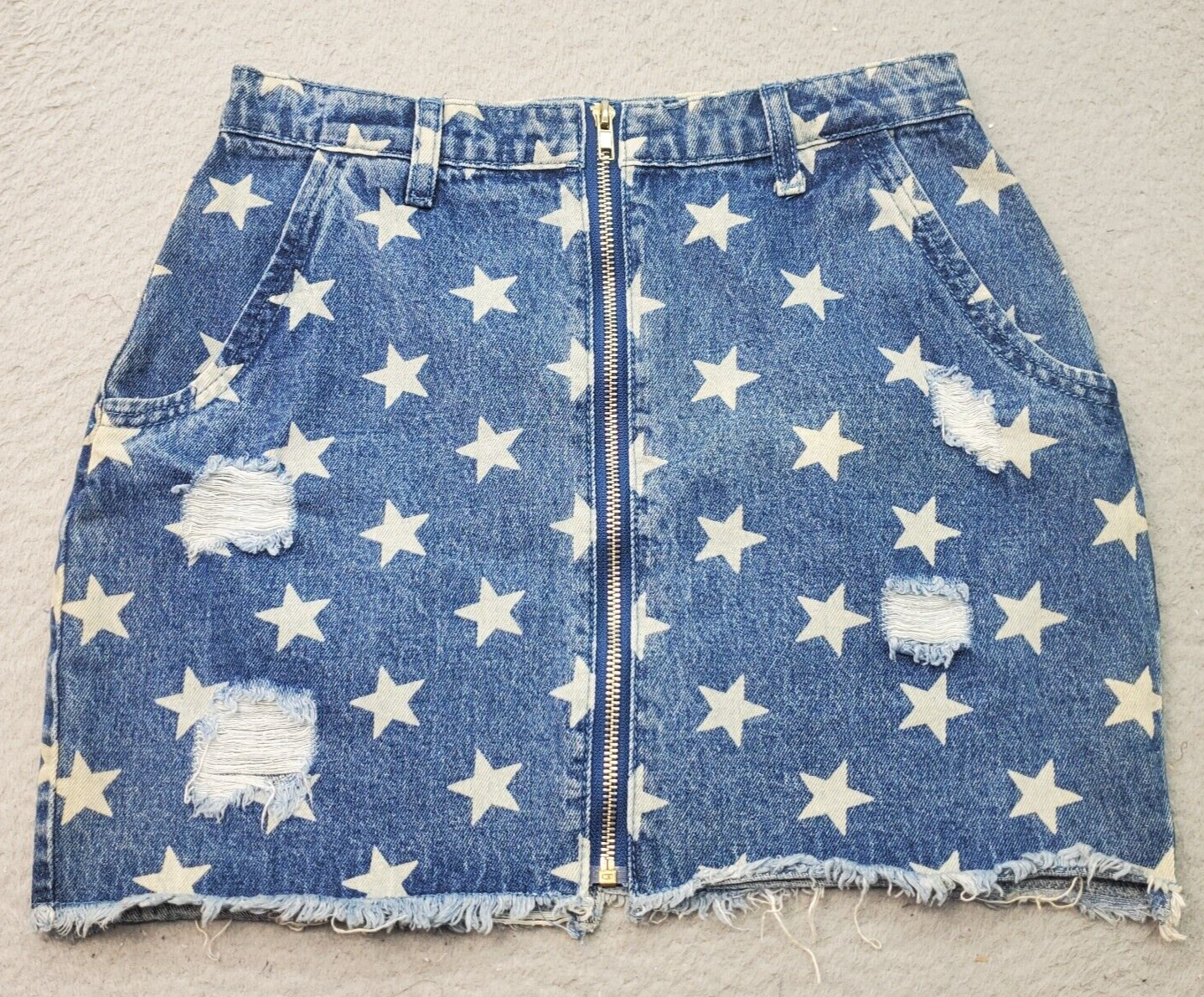 Superdown Womens Mini Skirt Small Multi Star Print Distressed Zip Front Cotton-image