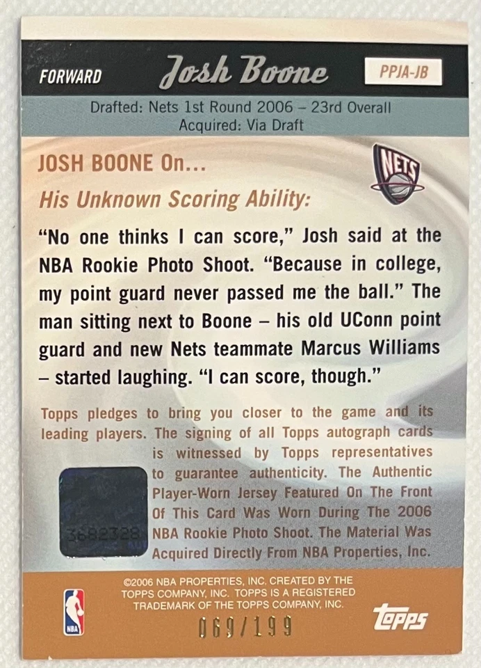 2006-07 Topps Big Game Picture Perfect Jersey /199 Josh Boone Rookie Auto RC Net - Image 2 of 2