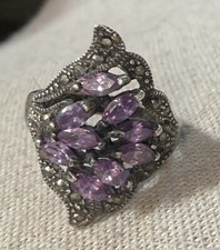 STERLING SILVER MARCASITE AMETHYST CLUSTER RING Vintage Style Sz 9.75 Lo Profile