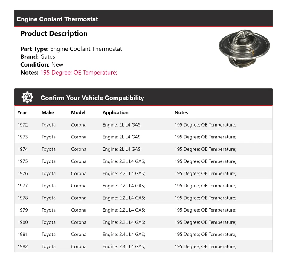 Puertas termostato refrigerante motor Toyota Corona 1972-1982 1973 1974 1975 1976 Foto 2 de 4