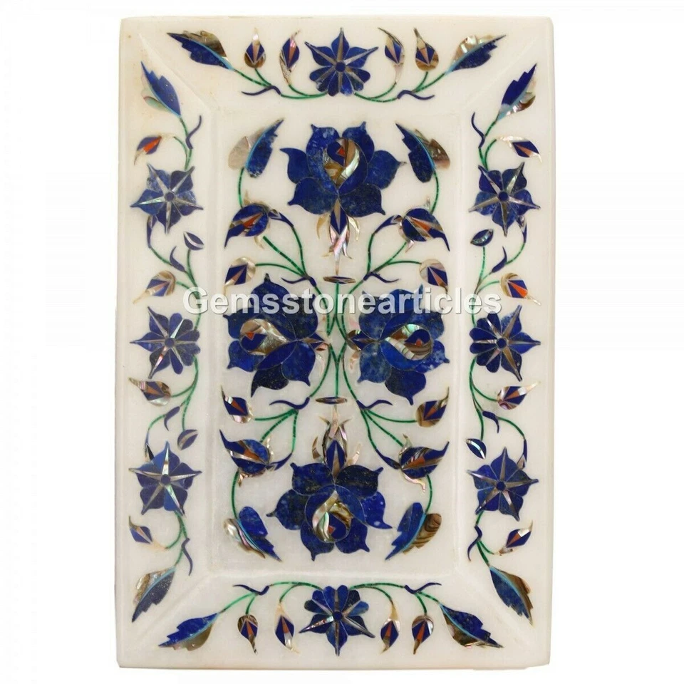 6"x2" White Marble Lapis Marquatrey Floral Inlay Kitchen Decor Christmas Gifts - Image 2 of 2