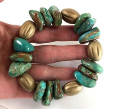 Blue Turquoise Bracelet Rough Nugget/Wood Beads Healing Gemstone Stretch 8"
