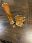 Vintage Marigold Carnival Glass Creamer Pitcher & Vase - Lot of 2