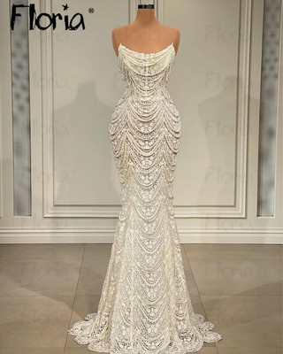 2025 Simple Pearl Wedding Dress Custom Made Lace Appliqued Mermaid Bridal Gown