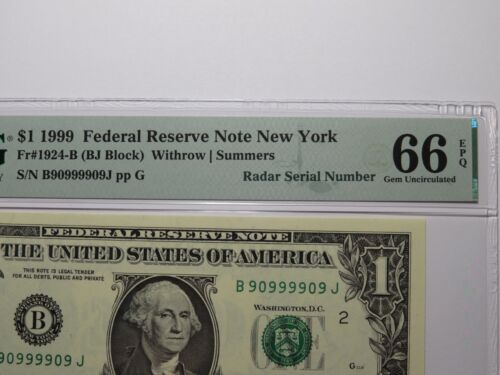 $1 1999 Fancy Radar Serial Number Federal Reserve Currency Note Bill #90999909 - Picture 2 of 3