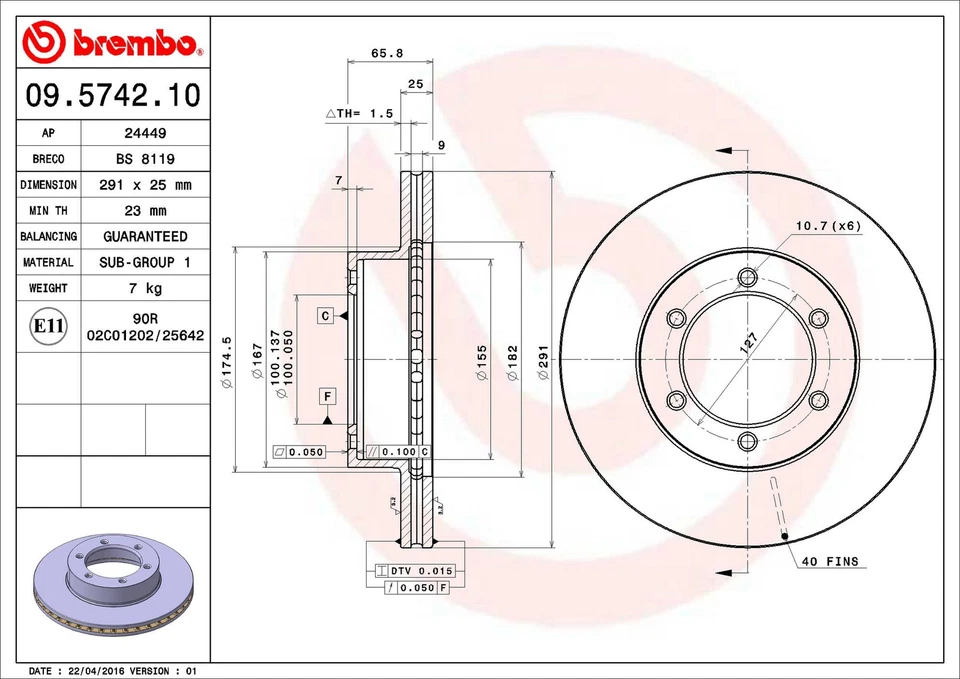 Rotor de freno de disco delantero Brembo 09.5742.10 291 mm para Toyota T100 1993-1998 Foto 2 de 3