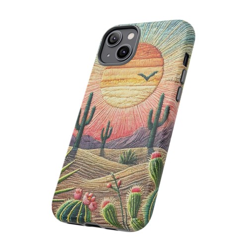 Faux Embroidered Sunset Cactus Phone Case, Desert Boho Aesthetic Cover | X83 - 第 87/266 張圖片