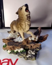 Wolf Figurine Howling Standing On A Log -  Resin Sculpture Figurine In Box