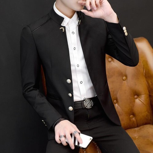 New Men's Chinese Tunic Slim Fit Jacket Casual Formal Business Wedding Suit Coat - Picture 19 of 21