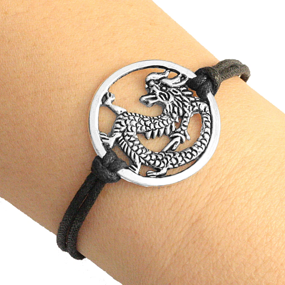 Silver Tone Round Dragon Charm Bracelet Lucky Friendship Bracelet