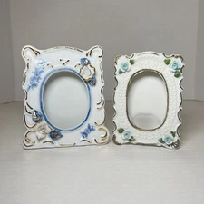 VTG 2 Porcelain Clay Blue White Floral Picture Frame Cottagecore Victorian Style