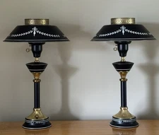 2 Vintage Black & White Metal Tole Table Lamp Toleware Pair 23”