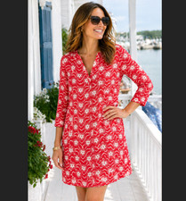Boden Linen Shift Dress 10 Red Star Print 3/4 Sleeve Tunic Patriotic Preppy USA