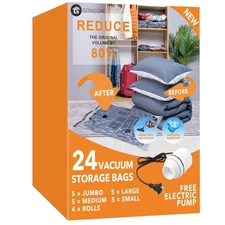 24 Pack Vacuum Storage Bags with Electric Pump, (5 Jumbo, 5 Large, 5 Medium, ...