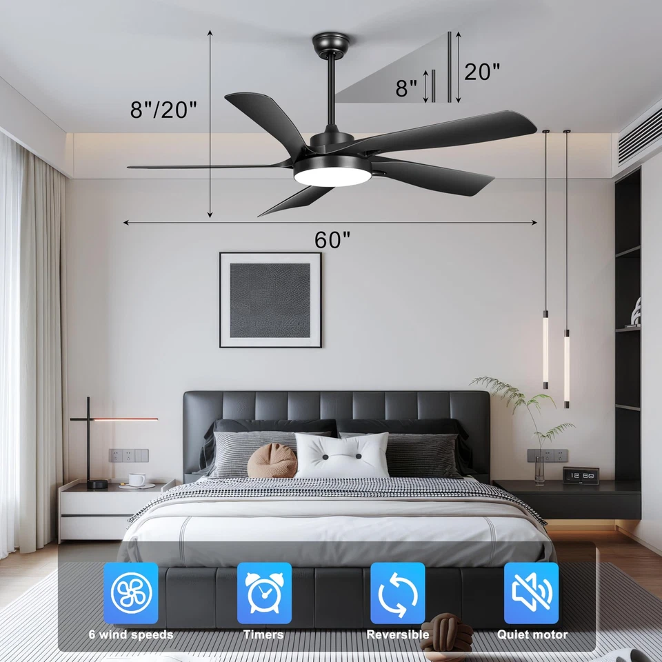 60’’ Ceiling Fan with Lights and Remote - Black Modern Ceiling Fan with 6 Spe... - Image 3 of 4