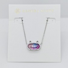 New Kendra Scott Elisa Silver Cat Kitty Pendant Necklace in Watercolor