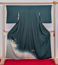 Authentic Japan Silk Tsukesage Kimono Green Flower Embroidery Art Decor Luxury