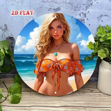 Bohemian Ocean Beach Metal Tin Signs - Rustic Blonde Woman Round Aluminum Sig