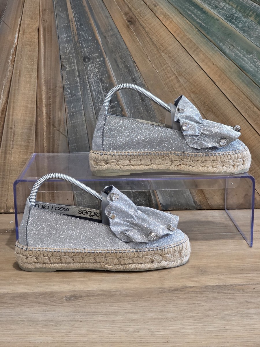 Sergio Rossi x Manebi Silver Glitter Espadrilles Rhinestone