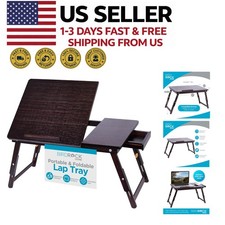 Bamboo Laptop Lap Tray Adjustable Foldable Bed Desk with Drawer Walnut